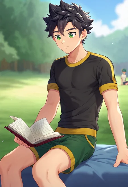 connor, black hair, bangs. spiky hair, short hair, green eyes, camp buddy, boy, solo, young man, lean body, wear black shirt, wear black shorts, reading a book, outdoor, sunny day, clear sky, solo focus, avarage height, balanced shape top and bottom,
