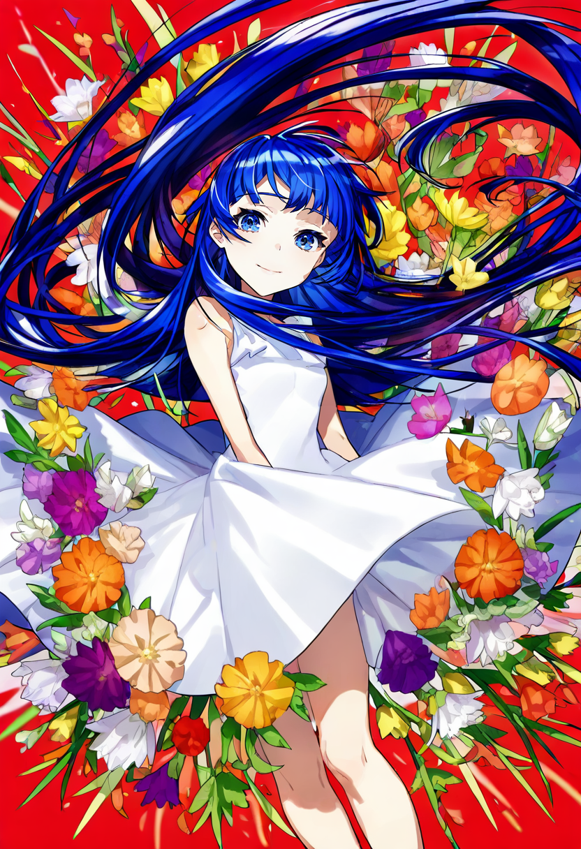 1girl, solo, flower, dress, blue hair, blue eyes, long hair, white dress, red background, white flower, yellow flower, red flower, smile, looking at viewer, sleeveless dress, purple flower, sleeveless, orange flower, very long hair, floating hair, feet out of frame, bangs, closed mouth, bare shoulders <lora:mikaXL_NBVP1_lokr_V6311PZ:0.95>