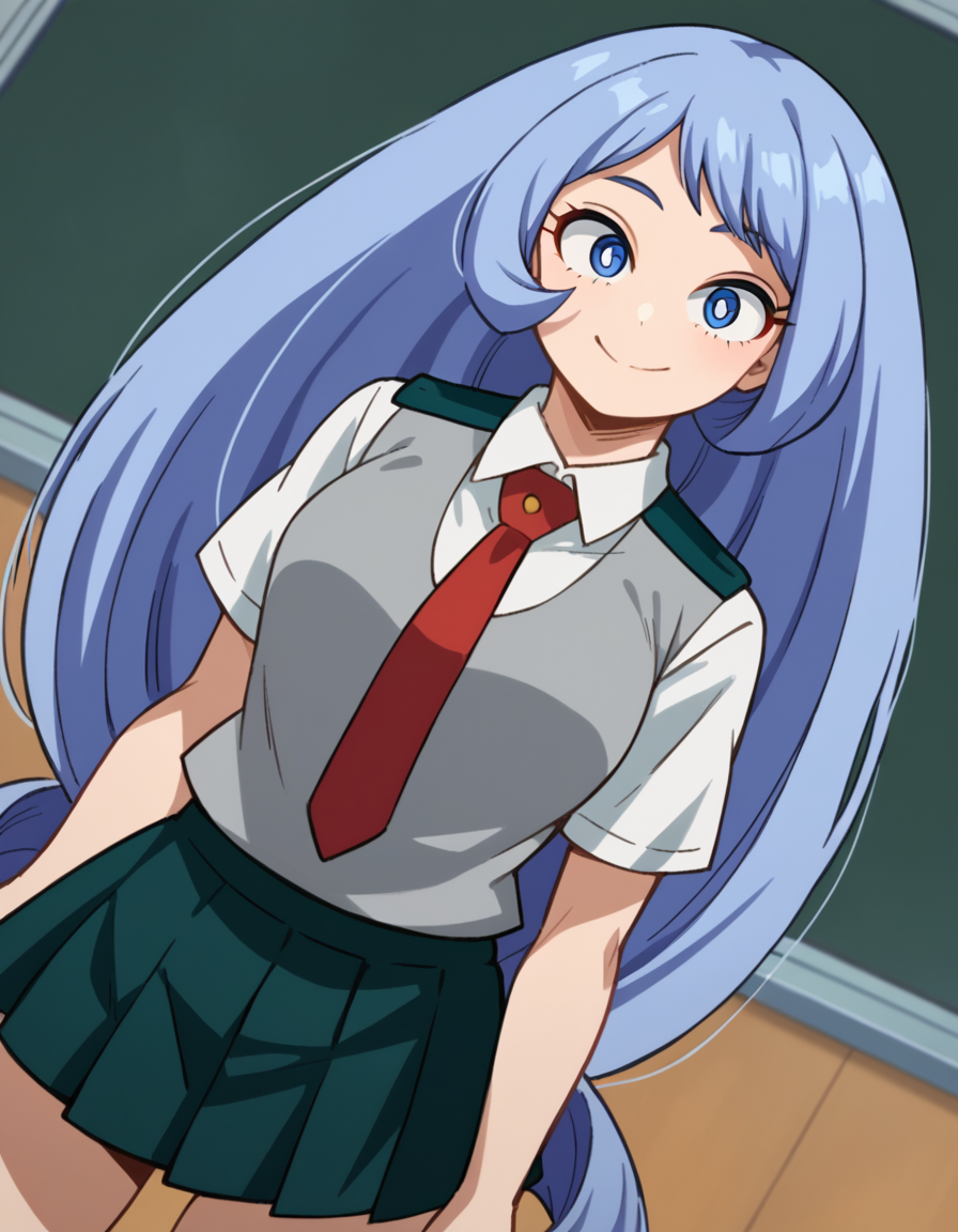 score_9, score_8_up, score_7_up, source_anime,
nejirehadou, <lora:nejire-hadou-ponyxl-lora-nochekaiser:1>
nejire hadou, blue eyes, blue hair, long hair, smile,
necktie, pleated skirt, school uniform, short sleeves, skirt, u.a. school uniform,
indoors, classroom,
looking at viewer, dutch angle, cowboy shot,