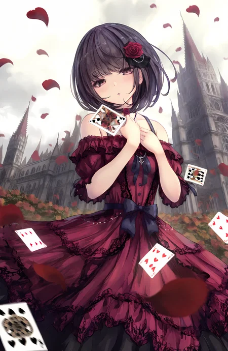 1girl, solo, looking_at_viewer, short_hair, black_hair, dress, bare_shoulders, purple_eyes, flower, short_sleeves, outdoors, parted_lips, sky, cloud, petals, dutch_angle, rose, red_dress, red_flower, red_rose, card, off-shoulder_dress, playing_card, castle, rose_petals, spade_\(shape\)