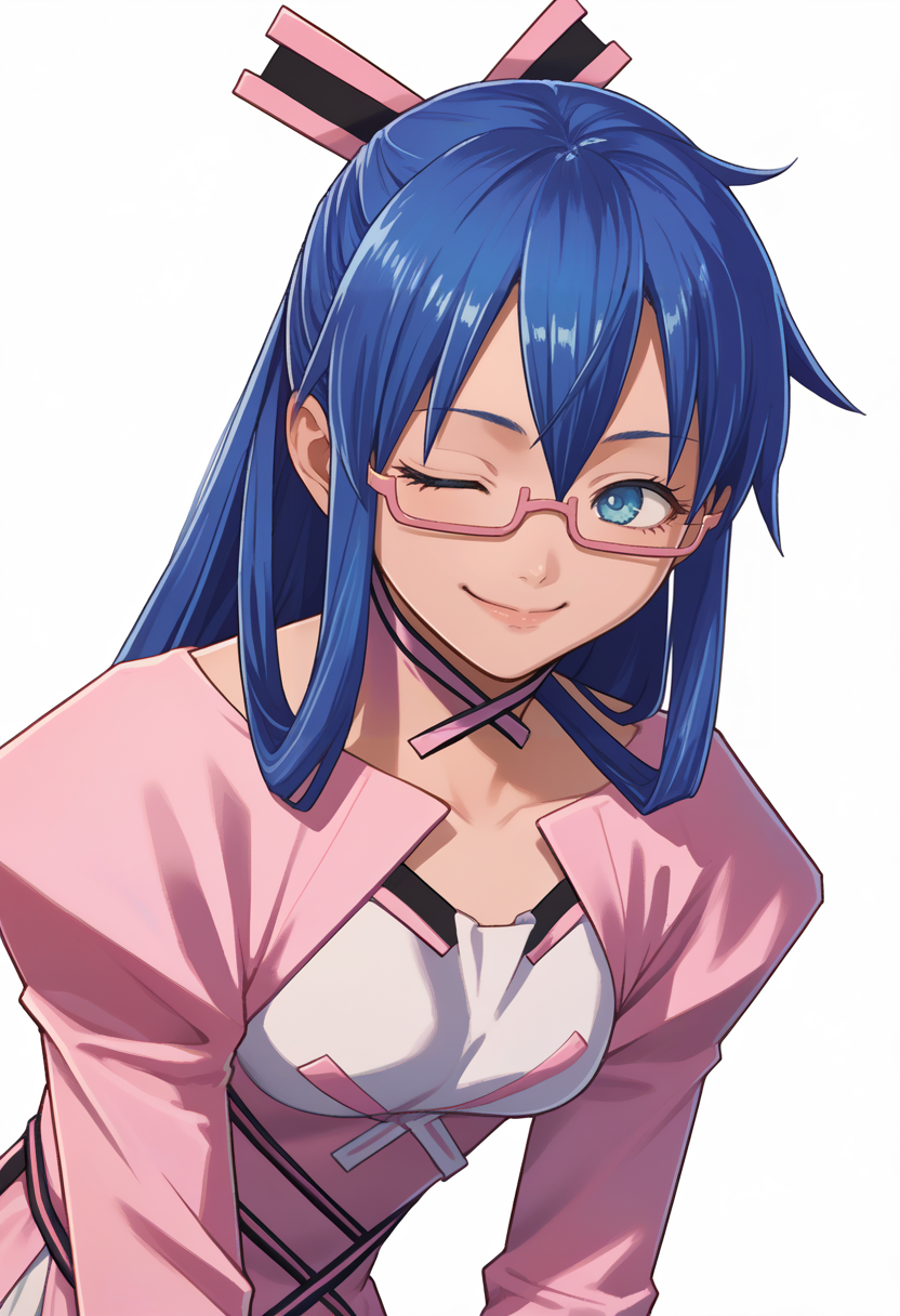 score_9, score_8_up, score_7_up, source_anime, 1girl, solo, smile, eyes closed, leaning forward
<lora:zs_FEWarriorsPortraitsXL:1> fewarriorsportraits, portrait, white background
 <lora:Midori-pdxl_Fp:1> midoridesu, blue eyes, blue hair, long hair, glasses, hair ribbon, pink dress, thighhighs, long sleeves, gloves