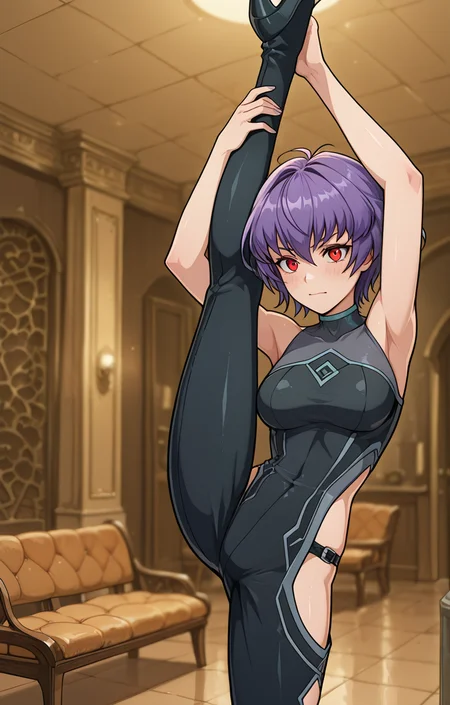 saga elements <lora:Akabur_IllustriousV1:0.729559609629427>akaburstyle <lora:ILDOAAyane:0.9442855282687873>DOAAyane,purple hair,red eyes,short hair,<lora:pole-dancing-standing-split-ponyxl-lora-nochekaiser:0.8426835044407004>pole dancing,standing split,leg up,standing,split,standing on one leg,pole,stripper pole,holding pole,arms up,competently detailed,highly detailed,sharp focus,zPDXL3 zPDXLxxx sharp_LASCALAE,ultra sharp focus,<lora:500SharpCivitai_Lascalae:0.4783284754937406> sweet exquisite ððð perfect ððð talented artist >>>>>>>> impressive nice secretly enjoying awesome pic ðð spectacular ð BREAK <lora:zy_Detailed_Backgrounds_v1:0.48343686484836934> immersive background dynamic detailed background rich park bench in full daylight