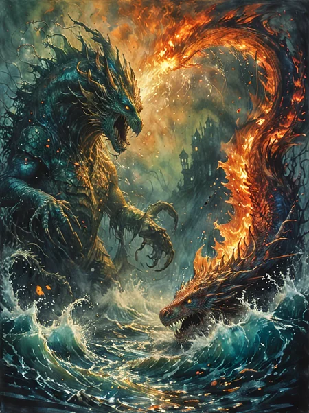 A swampy delta,where merfolk and aquatic beasts clash over territory,their battles creating whirlpools and tidal waves that can drag the unwary into the depths.,
the scene is captured in dimly lit dark fantasy but vibrant colors,with bold ink lines defining form against the watercolor wash of the aged paper,fire,<lora:Desolation:0.2>,<lora:XL_boss_battle:1>