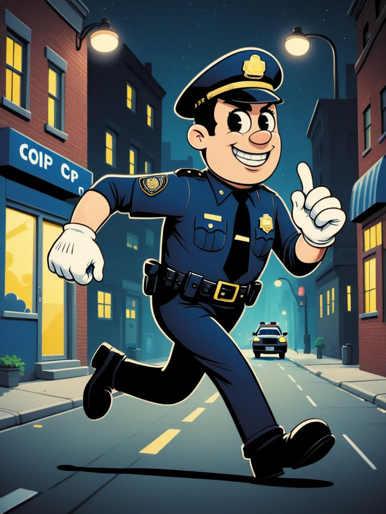 one cop, city street at night, (one cop chasing a thief:1.4), <lora:A_RubberHose_Character_v2_SDXL:1> rubber hose character