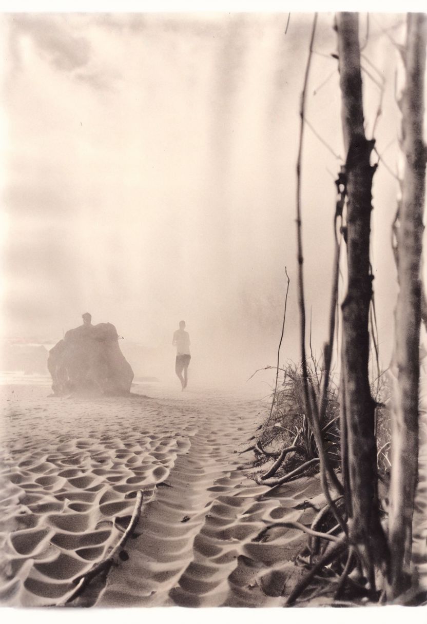 lith_orwo_dokumentenpapier_D,instagram photo, a foggy beach in sri lanka, hard shadows, film grain