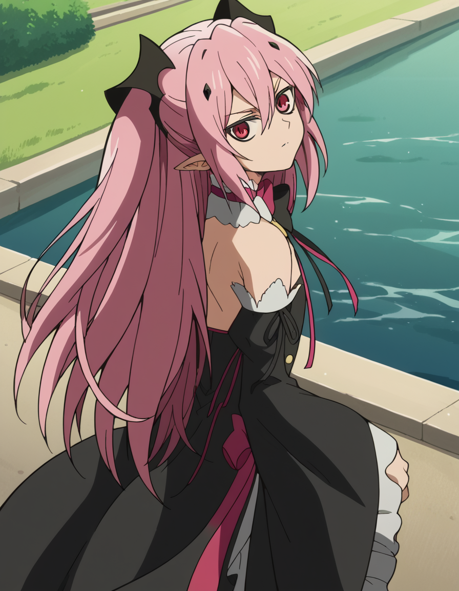 score_9, score_8_up, score_7_up, source_anime, <lora:krul-tepes-s2-ponyxl-lora-nochekaiser:1>, krul tepes, long hair, red eyes, pink hair, pointy ears, hair ornament, anime screencap, dress, bare shoulders, detached sleeves, wide sleeves, detached collar, black dress, bowtie,, bridge, connection, water, road, cars, , <lora:shaft-look-ponyxl-lora-nochekaiser:1>, shaft look, looking back, from behind, head tilt,, looking at viewer, solo,, dutch angle, cowboy shot
