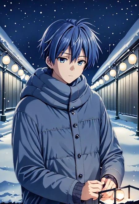 high resolution, solo, best quality, 1Boy, Tomoya Okazaki, Grey Blue Hair, winter, Northern Lights, Stargazing, OverallDetail