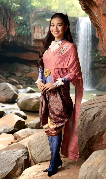 masterpiece, realistic,
1girl, thai girl, solo, very long hair, <lora:SDXL_BTT_CHONGKABEN SABAI_v01C:1> thai clothes, smile, full body,
outdoors, waterfall, cave,
<lora:LCMTurboMix_Euler_A_fix:1>