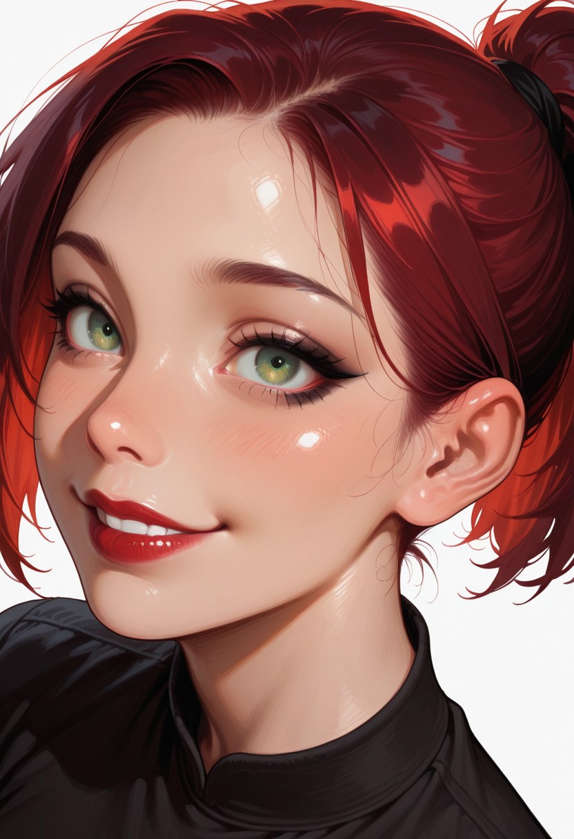 Masterpiece, best quality, amazing quality, newest, highres, 8k, very aesthetic, realistic,
1girl, solo, futanari, Max, dark red hair, short hair, ponytail, black eyeliner classic, green eyes, red lipstick, smile, face focus, light background, from above (dutch angle),