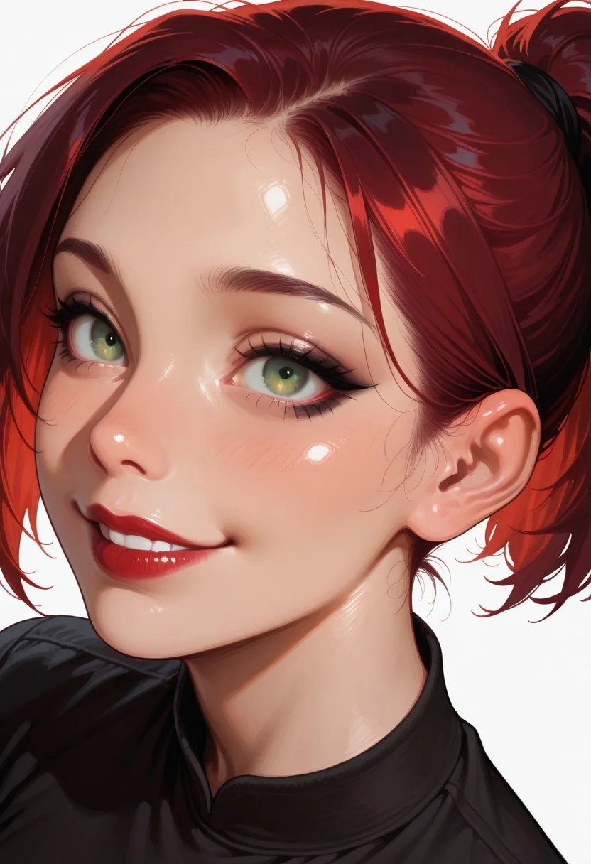 Masterpiece, best quality, amazing quality, newest, highres, 8k, very aesthetic, realistic,
1girl, solo, futanari, Max, dark red hair, short hair, ponytail, black eyeliner classic, green eyes, red lipstick, smile, face focus, light background, from above (dutch angle),