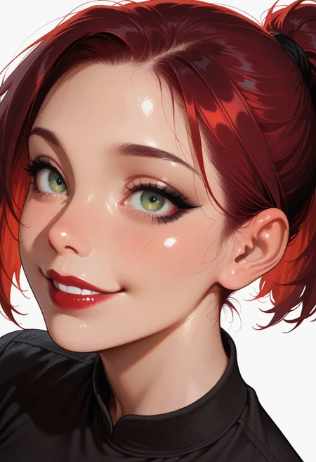 Masterpiece, best quality, amazing quality, newest, highres, 8k, very aesthetic, realistic,
1girl, solo, futanari, Max, dark red hair, short hair, ponytail, black eyeliner classic, green eyes, red lipstick, smile, face focus, light background, from above (dutch angle),