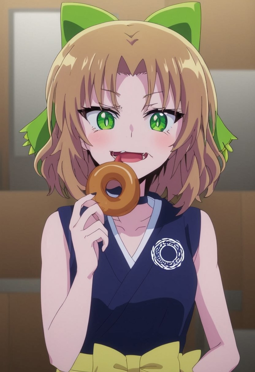 zPDXLx, mur4k4mi-ip,anime screencap, anime art style, , saikyou tank no meikyuu kouryaku ~tairyoku 9999 no rare skill-mochi tank yuusha party wo tsuihou sareru~, amon sloth, 1girl, green eyes, food, solo, open mouth, brown hair, eating, doughnut, holding food, looking at viewer, holding, smile, blush, :d, sleeveless