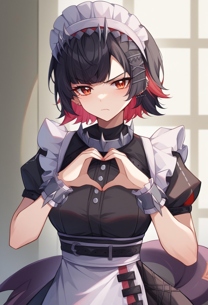 score_9, score_8_up, score_7_up, score_6_up, source_anime BREAK 
1girl, solo, ellenjoe, <lora:ellen-joe-ponyxl-lora-nochekaiser:1>, ellen joe, black hair, colored inner hair, multicolored hair, red eyes, red hair, short hair, two-tone hair, apron, black pantyhose, black shirt, black skirt, ear piercing, fins, fish tail, maid, maid apron, maid headdress, pantyhose, piercing, puffy short sleeves, puffy sleeves, shark girl, shark tail, shirt, short sleeves, skirt, tail, two-tone hair, wrist cuffs, upper body, heart shaped hands, annoyed, lolipop stick in mouth, closed mouth, shadowed face
