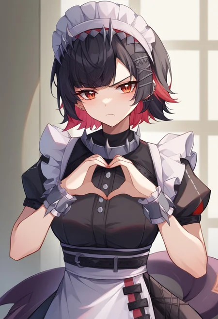 score_9, score_8_up, score_7_up, score_6_up, source_anime BREAK
1girl, solo, ellenjoe, <lora:ellen-joe-ponyxl-lora-nochekaiser:1>, ellen joe, black hair, colored inner hair, multicolored hair, red eyes, red hair, short hair, two-tone hair, apron, black pantyhose, black shirt, black skirt, ear piercing, fins, fish tail, maid, maid apron, maid headdress, pantyhose, piercing, puffy short sleeves, puffy sleeves, shark girl, shark tail, shirt, short sleeves, skirt, tail, two-tone hair, wrist cuffs, upper body, heart shaped hands, annoyed, lolipop stick in mouth, closed mouth, shadowed face