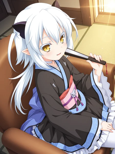 absurdres,highres,masterpiece,best quality,amazing quality,official anime artwork,indoors,
1girl,solo,moekibara fumitake,
anime screencap,(fisheye,lens flare abuse,Volumetric Lighting,Cinematic Lighting),
((from above,from side,cowboy shot,close-up)),
petite,aged down,
living room,tatami,brown armchair,
dynamic pose,motion lines,motion blur,
smile,parted lips,fang,holding folded fan,one hand up,
sitting,on chair,leaning to the side,
BREAK <lora:shiroyasha_mondaiji_illuV01_illuV01_b3g2plw02c1wd05_d32a32_lr800s2_rvs:1>,
sy_mondaiji,white hair,black horns,two side up,long hair,yellow eyes,slit pupils,white eyelashes,white eyebrows,pointy ears,low ponytail,white choker,black kimono,blue lapels,long sleeves,wide sleeves,lace-trimmed sleeves,blue trim,pink obi,purple waist ribbon,grey oni mask on waist,black frilled skirt,white frilled petticoat,blue ass curtain,white pantyhose,