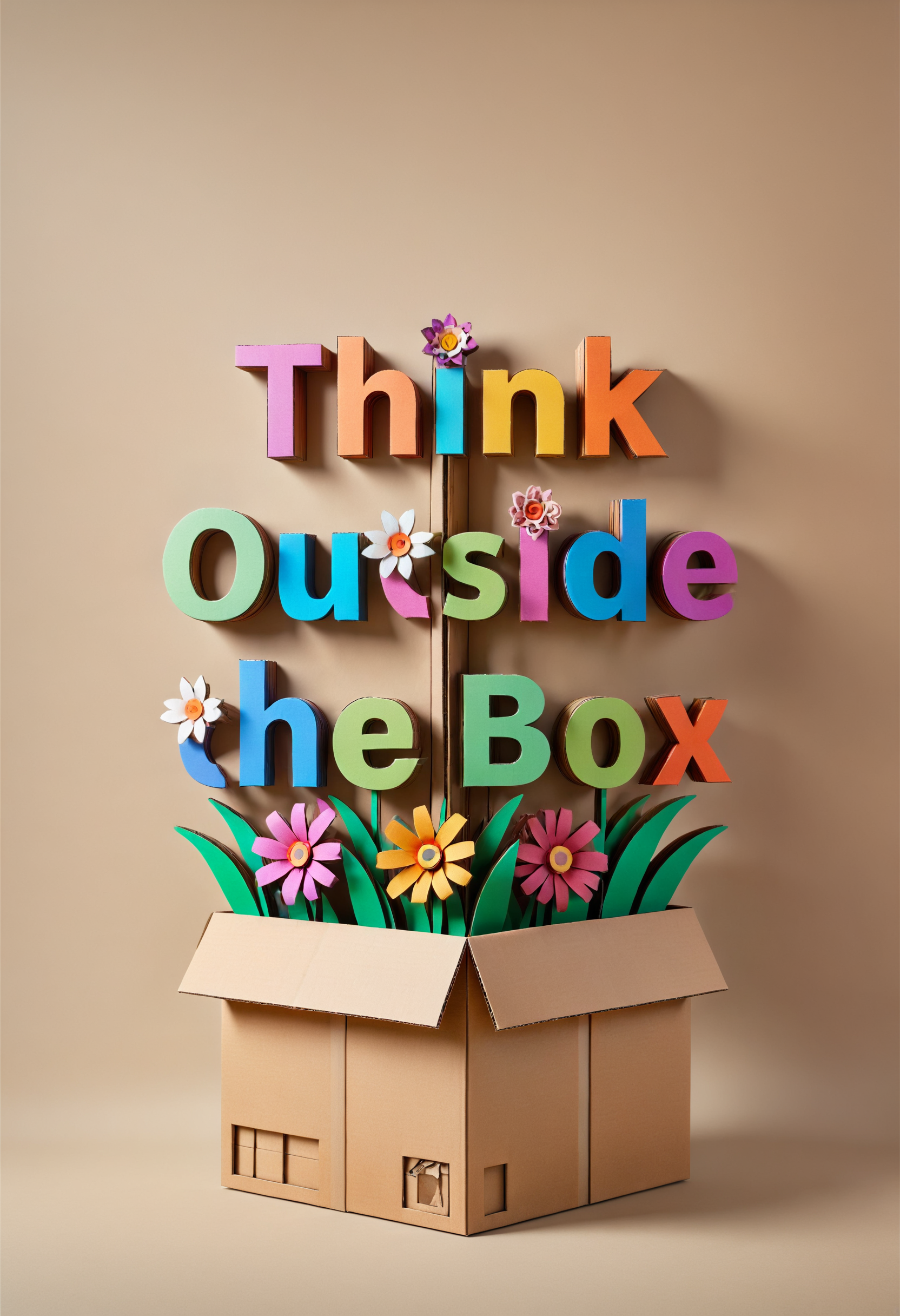 DonMC4rdB04rdXL cardboard text "Think Outside the Box", flower style, dynamic composition, dramatic bright colors, cinematic, detailed, extremely complex, colorful, surreal, beautiful, sharp focus, highly detail, intricate, elegant, futuristic, open color, artistic, professional, winning, new, creative, positive, cute, friendly, unique, cool, awesome
