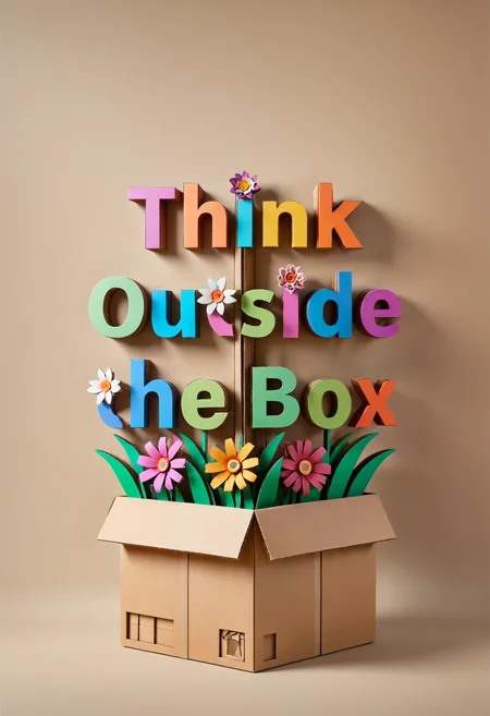 DonMC4rdB04rdXL cardboard text "Think Outside the Box", flower style, dynamic composition, dramatic bright colors, cinematic, detailed, extremely complex, colorful, surreal, beautiful, sharp focus, highly detail, intricate, elegant, futuristic, open color, artistic, professional, winning, new, creative, positive, cute, friendly, unique, cool, awesome