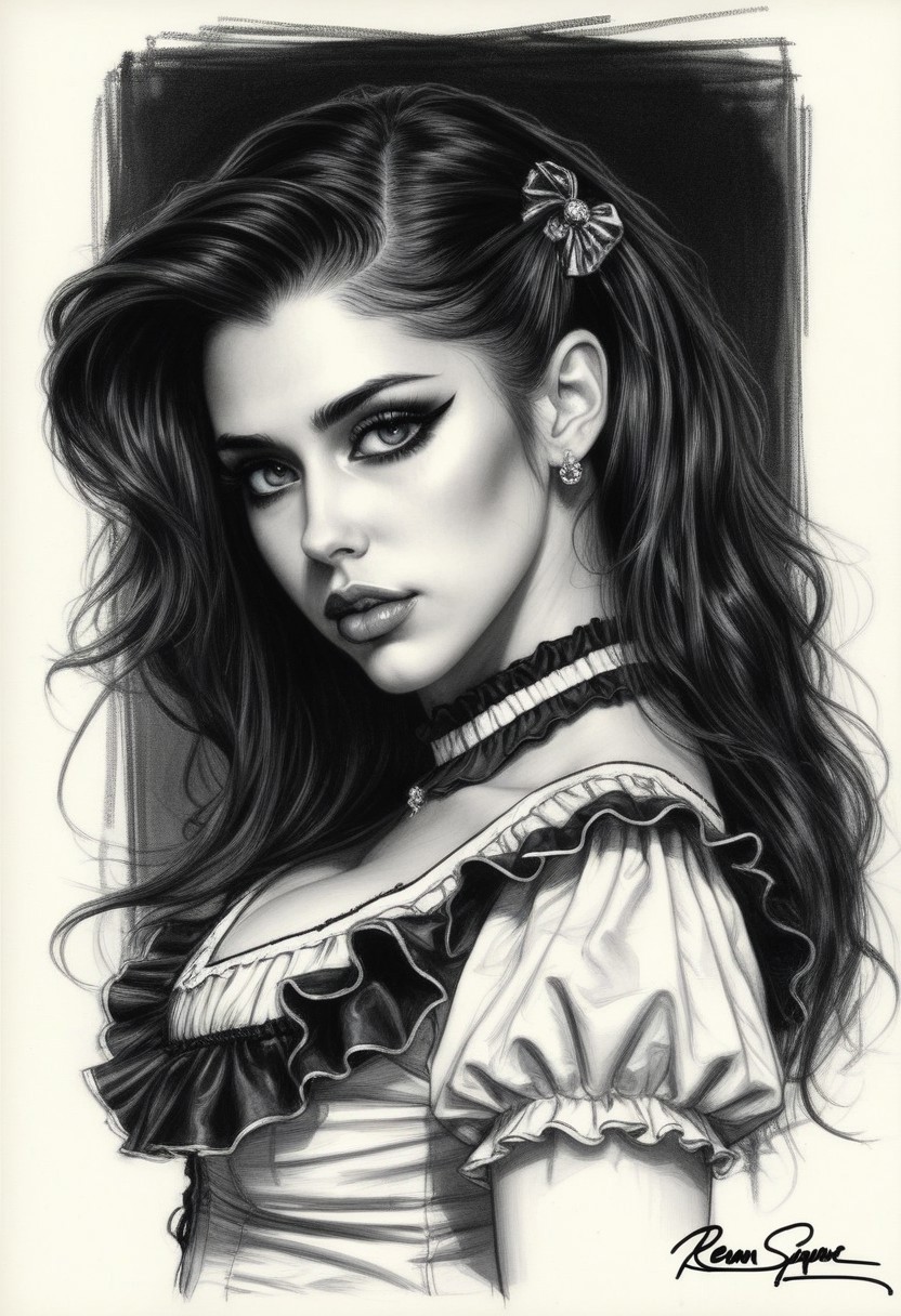 Sketch of a beautiful busty girl R33M with hairclip and ruffle shirt, long wavy hair, illustrative art, detailed, elegant