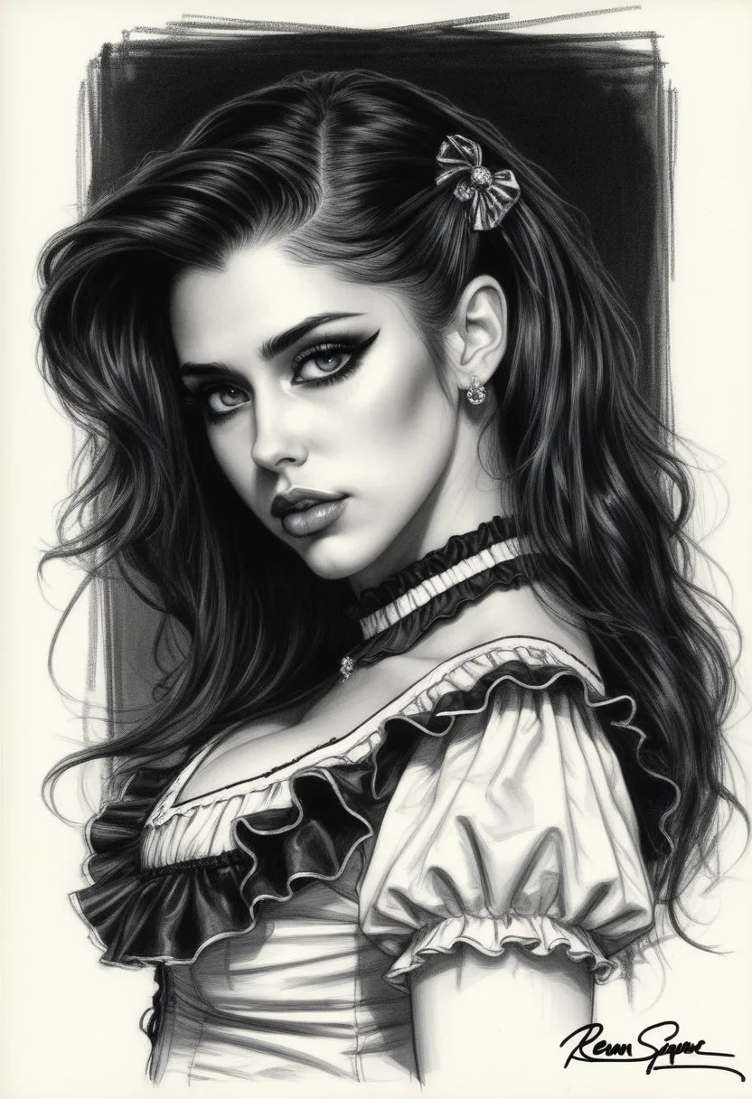 Sketch of a beautiful busty girl R33M with hairclip and ruffle shirt, long wavy hair, illustrative art, detailed, elegant