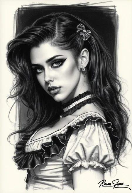 Sketch of a beautiful busty girl R33M with hairclip and ruffle shirt, long wavy hair, illustrative art, detailed, elegant
