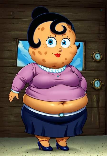 sp0nge_m0m,
1girl,
blue eyes,
solo,
black hair,
high heels,
jewelry,
shirt, Skirt, (portrait, head tilt, looking at viewer), (fat:1.5), exposed navel