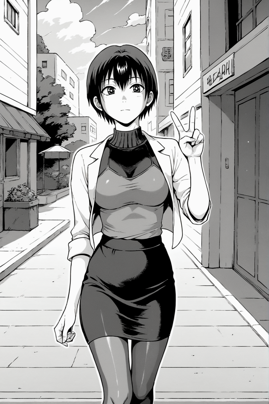 score_9, score_8_up, score_7_up, monochrome, manga_source, best background, detailed background, manga, grayscale  Kaguya, Dating Dressing, solo, outdoors, v fingers, victory fingers,  <lora:JN_Shizuku_Kaguya:0.8>