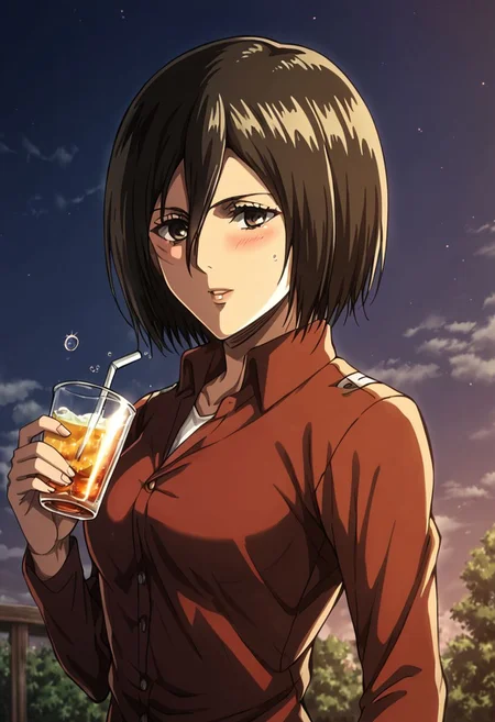 1girl, solo, Mikasa Ackermann, attack on titan, outside beautiful face, detailed eyes, detailed face, anime eyes, red night dress, holding a drink, drunk expression,