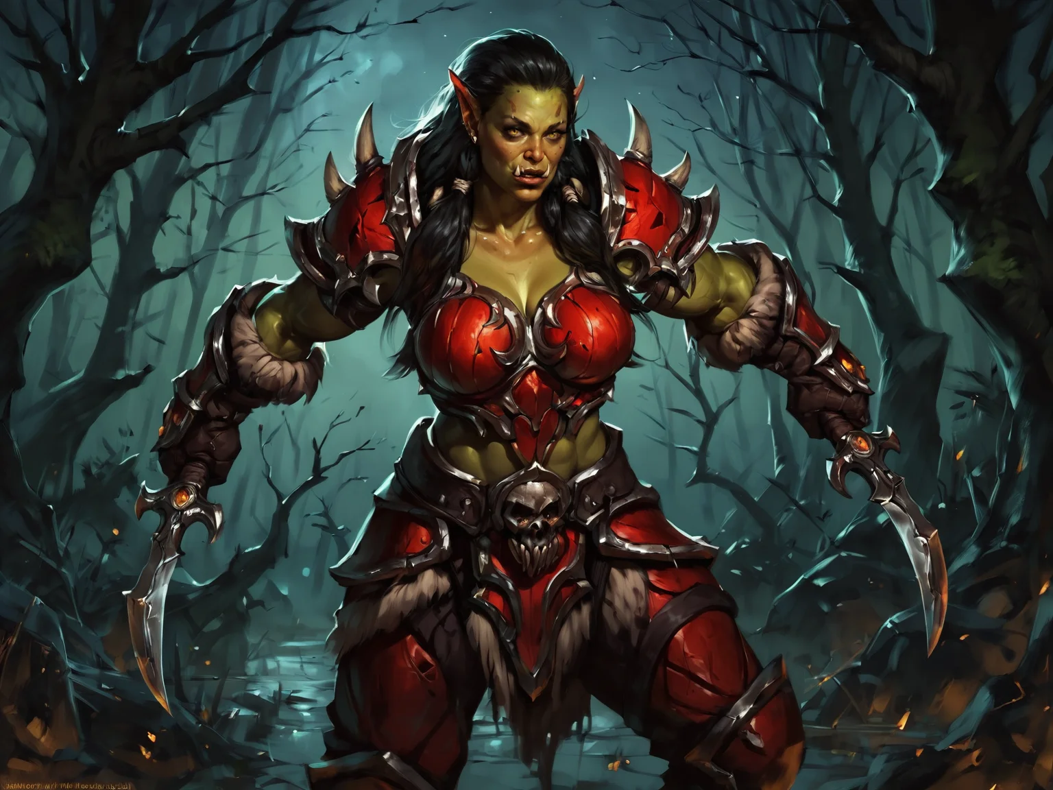 adult woman, orc, greenl skin, yellow eyes, black hair, long hair, muscular female, red armor, gloves, pauldrons armor, standing, holding weapon, dagger, dual wielding, black forest, night, outdoors, <lora:WorldOfWarcraftXL:0.8>, BREAK score_9, score_8_up, score_7_up, score_6_up, score_5_up, score_4_up, realistic