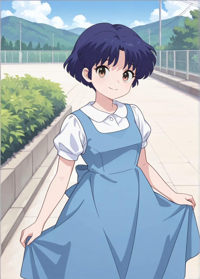 masterpiece, best quality, amazing quality, very aesthetic, absurdres, newest, detailed background, 4k, 8k, outdoors,
akanexd, 1girl, solo, 
short hair, blue hair, brown eyes, bangs,
blue dress, short sleeves, shirt, white shirt, school uniform, pinafore dress, collared shirt,
smile, looking at viewer, skirt hold, 
 <lora:Akane_Tendo_-_Ranma_12_Remake_Illustrious:1>