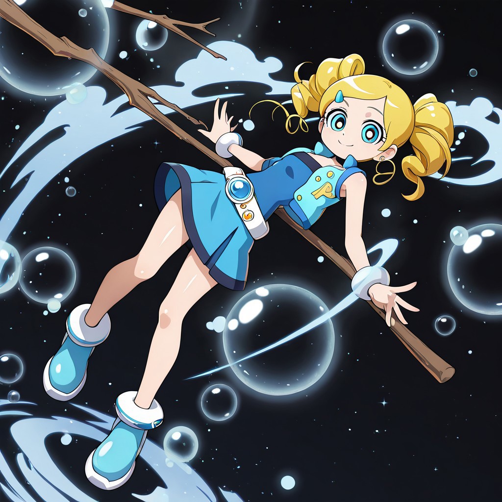 masterpiece, best quality, amazing quality, very aesthetic, absurdres, newest,shiny skin,, anime screenshot, xdive, anime coloring, black background, solo, full body, ppgzmiyako, rollingbubbles, belt, blue shirt, strapless, blue skirt, blue vest, Stick, bubbles, smile