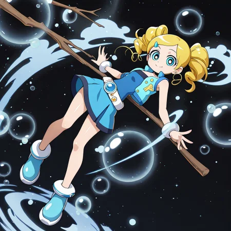 masterpiece, best quality, amazing quality, very aesthetic, absurdres, newest,shiny skin,, anime screenshot, xdive, anime coloring, black background, solo, full body, ppgzmiyako, rollingbubbles, belt, blue shirt, strapless, blue skirt, blue vest, Stick, bubbles, smile