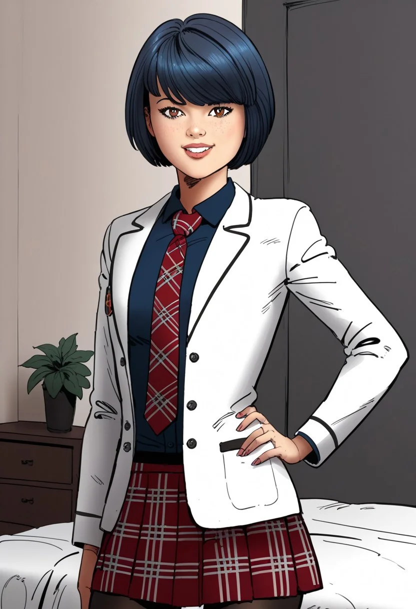 score_9, score_8_up, score_7_up, score_6_up, (chiaroscuro lighting) source_cartoon, cartoon, (f3rn4nd0:1.3), (line art). BREAK.
imtdtsukag, short hair, brown eyes, blue hair, swept bangs, bob cut, light freckles, asian woman, adult woman, beautiful woman, very wide hips, thin thighs, thigh gap, sexy, face focus, cute face, very detailed facial features, perfect nose, extremely detailed eyes, extremely detailed iris, small breasts, perfect breasts,
plaid necktie, plaid skirt, white jacket, white blazer, black collared shirt, red necktie, school uniform, black pantyhose,
smiling, looking at viewer, one hand on hips,
Background(bedroom,);
solo