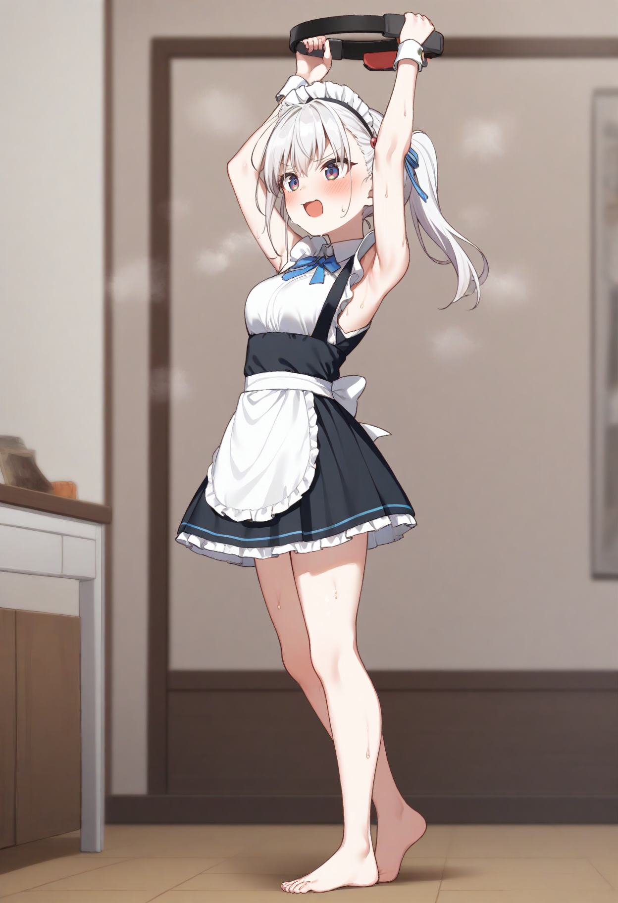 1girl,sincos, ningen mame, toosaka asagi,solo,medium breasts,20yo,maid,maid headdress,
ring fit adventure, ring-con, sweat,steaming body,no shoes, barefoot,
overhead press, arms up, armpits, holding, standing,
<lora:ringfitadventure_XL_v1:0.8>
from side, full body, looking up, white hair, pink eyes,archaic smile, open mouth, split ponytail hair,,
best quality, very aesthetic, absurdres