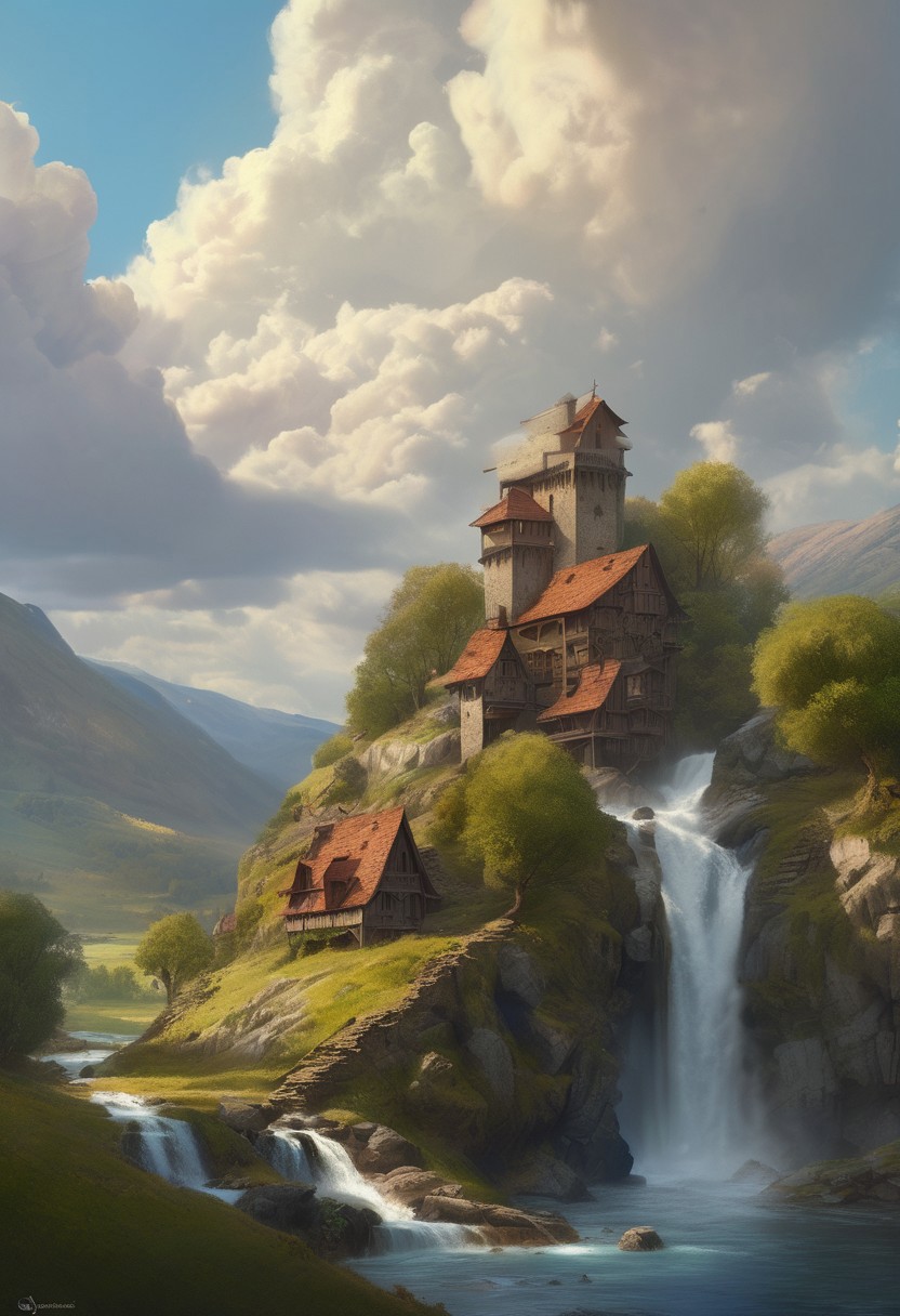 A beautiful rendition of a small medieval hamlet in the mountains near a waterfall, (cumulus clouds:1.4), dramatic composition, cinematic, concept art, golden ratio, matte painting, Marc Simonetti, Sergey Vasnev, Anato Finnstark, artstation, 8k, high resolution, (masterpiece:1.2), best quality