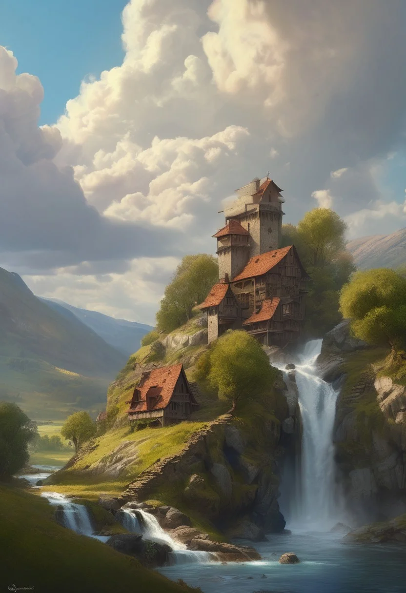 A beautiful rendition of a small medieval hamlet in the mountains near a waterfall, (cumulus clouds:1.4), dramatic composition, cinematic, concept art, golden ratio, matte painting, Marc Simonetti, Sergey Vasnev, Anato Finnstark, artstation, 8k, high resolution, (masterpiece:1.2), best quality