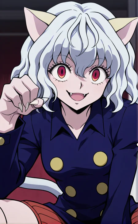 masterpiece, best quality, highres, newest, 1girl, solo, official style, <lora:Noobai_Neferpitou:1>, neferpitou, white hair, red eyes, cat girl, cat tail, blue collared shirt, indoor, looking at viewer, smile, upper body, paw pose, open mouth, fangs, sharp fingernails, four fingers