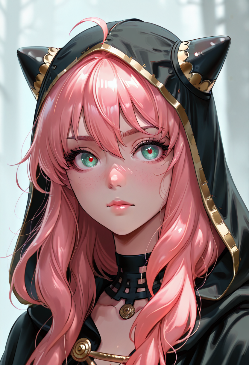 masterpiece, best quality, 1girl, solo, eyelashes, (beautiful eyes),     zzAnya, green eyes, hair between eyes, ahoge, pink hair, long hair, hair ornament, hairpods,    ,<lora:AdultAnyaIXL:1.0>,   <lora:FluxieStyle_IXL:1.0>, F1uxi3, 1girl, solo, looking at viewer, closed mouth, hood, mole, blurry, lips, eyelashes, portrait, veil, cloak, hood up, freckles, nose, 1girl, black hair, red eyes, black choker,