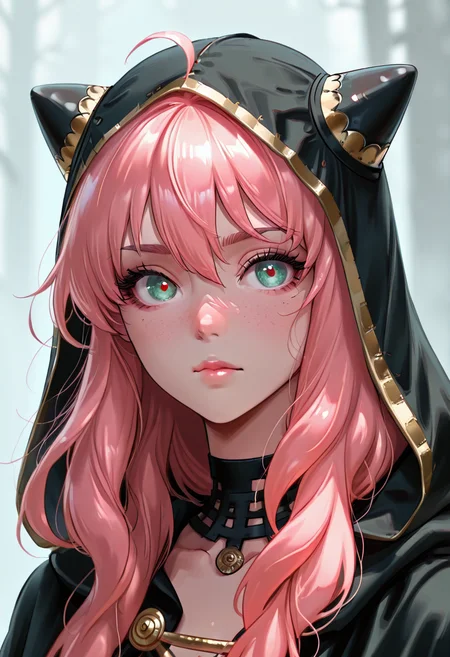 masterpiece, best quality, 1girl, solo, eyelashes, (beautiful eyes),     zzAnya, green eyes, hair between eyes, ahoge, pink hair, long hair, hair ornament, hairpods,    ,<lora:AdultAnyaIXL:1.0>,   <lora:FluxieStyle_IXL:1.0>, F1uxi3, 1girl, solo, looking at viewer, closed mouth, hood, mole, blurry, lips, eyelashes, portrait, veil, cloak, hood up, freckles, nose, 1girl, black hair, red eyes, black choker,