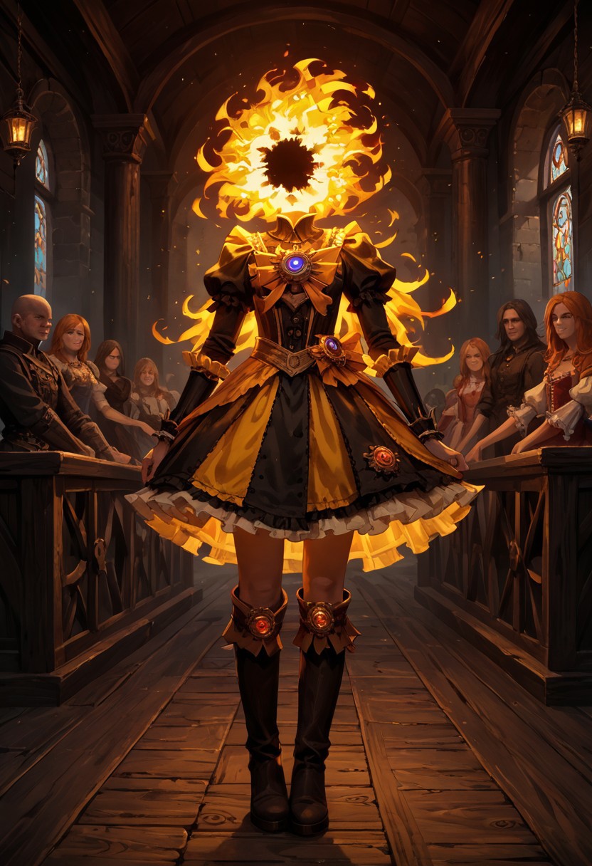 score_9, score_8_up, score_7_up,
lord_of_frenzy, fire head,
novakin, faceless, no eyes, no mouth, no nose, no facial features, short fiery yellow orange hair, body made of black plasma,
magical girl outfit, steampunk dress, boots,
detailed dark fantasy village background,