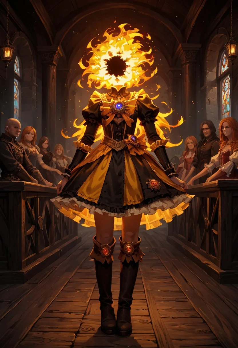 score_9, score_8_up, score_7_up,
lord_of_frenzy, fire head,
novakin, faceless, no eyes, no mouth, no nose, no facial features, short fiery yellow orange hair, body made of black plasma,
magical girl outfit, steampunk dress, boots,
detailed dark fantasy village background,