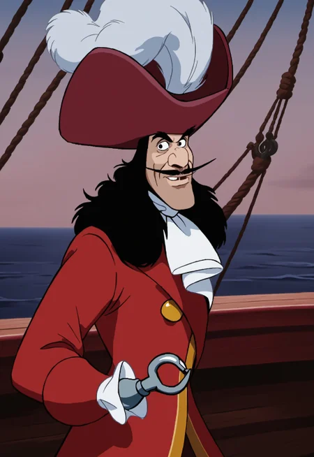 safe_pos, safe_pos, safe_pos, score_9, score_8_up, rating_nsfw, ultra hd, absurdres, best quality, best aesthetic, masculine, solo, 1boy, male focus, perfect proportions, handsome, erotic, alluring, mature male, coloured
DisneyHook, black hair, hat, mustache, hook for arm, red coat, hook hand, ascot, half body, looking at viewer, pirate ship background, Expressiveh, only one hand, handicapped, HOOK