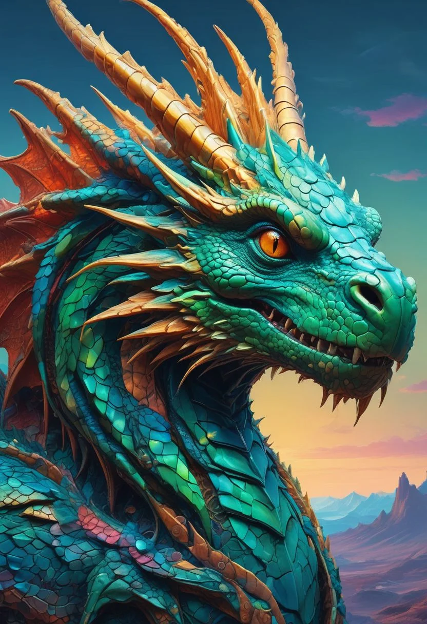 Hyperrealistic artn dragon hybrid, covered in matte scales as skin, extreme close-up, striking reptilian eyes, dragon horns, bald, braided ponytail, exudes confidence and power, sunet, rim lighting, cold colors. style of Don Lawrence, style of (Will Murai:1.2), style of (Greg Rutkowski:0.8), <lora:SDXLFaeTastic2400:1.0>,
<lora:Hyper-SDXL-8steps-lora:1.0> . Extremely high-resolution details, photographic, realism pushed to extreme, fine texture, incredibly lifelike