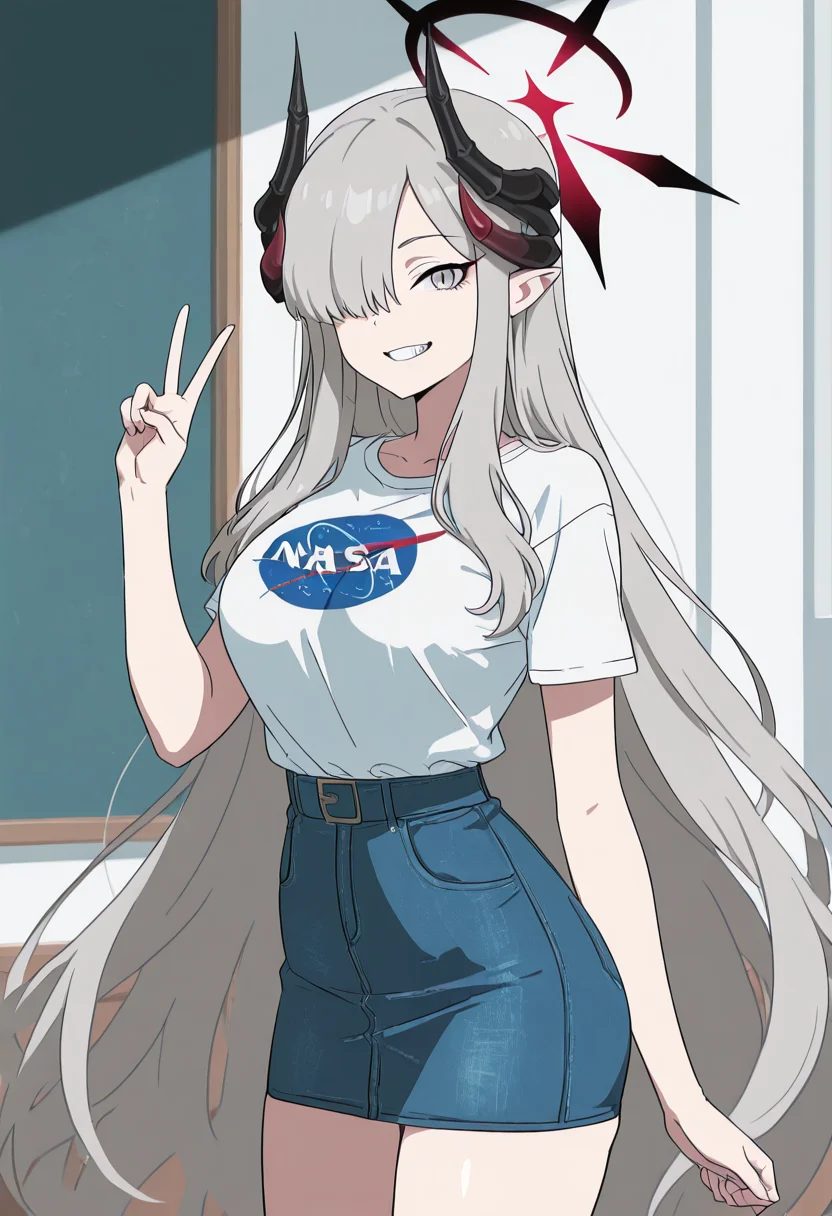 masterpiece, best quality, solo, curvy, beautiful eyes, narrow waist, wide hips, 1girl, solo, smile, looking at viewer, zzMakoto, horns, long hair, grey hair, demon horns, black horns, halo, multiple horns, pointy ears, grey eyes, <lora:HanumaMakotoBlueArchive_IXL_v1:1.0>, , smile, looking at viewer, N4S4, white shirt, denim skirt, ,<lora:NASAShirtAnime_IXL_v1:1.0>,