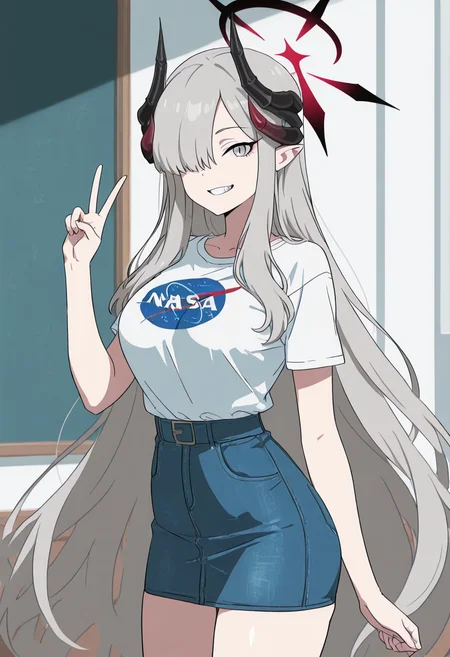 masterpiece, best quality, solo, curvy, beautiful eyes, narrow waist, wide hips, 1girl, solo, smile, looking at viewer, zzMakoto, horns, long hair, grey hair, demon horns, black horns, halo, multiple horns, pointy ears, grey eyes, <lora:HanumaMakotoBlueArchive_IXL_v1:1.0>, , smile, looking at viewer, N4S4, white shirt, denim skirt, ,<lora:NASAShirtAnime_IXL_v1:1.0>,