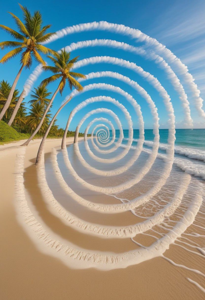 A beach with palm trees, (Spiral Effect)