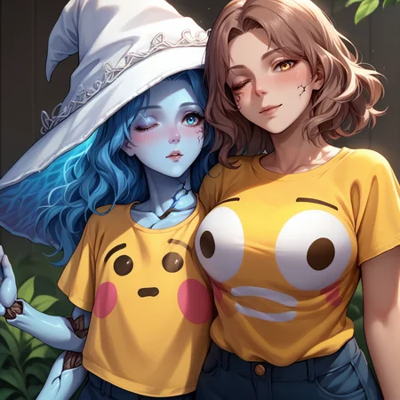 score_9, score_8_up, score_7_up, 2girls, yellow shirt, blush, t-shirt, <lora:FlushedEmojiShirt_pdxl_Incrs_v1:0.5>, cowboy shot,
BREAK IncrsRnnThWtch, <lora:Ranni_pdxl_Incrs_v2:1>, blue eyes, one eye closed, blue hair, wavy hair, 4 arms, multiple faces, blue skin, colored skin, cracked skin, doll joints, witch hat, white headwear,
BREAK large breasts, seductive smile, <lora:Melina_pdxl_Incrs_v2:1> IncrsMelina, scar across eye, facial tattoo, one eye closed, yellow eyes, brown hair, medium hair,