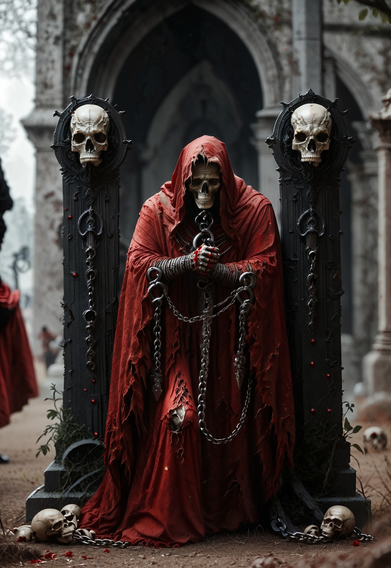 (score_9, score_8_up), score_7_up, long hair, black hair, full body, hood, cape, torn clothes, blood, colored skin, red dress, cross, cloak, hood up, skull, robe, hooded cloak, crack, tombstone, roman numeral, red cloak, robot, android, covered face, chains, cables,
, black theme, dskxadms, comic art, dof, depth of field, blurry background, detailed line work, low key, cinematic Lighting, detailed background, red theme,