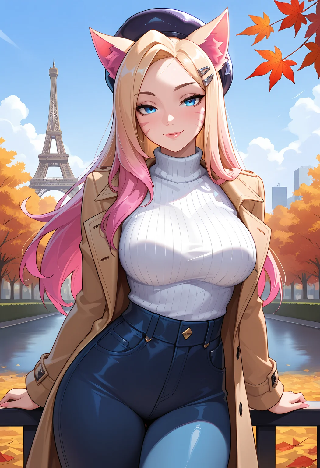 1girl, solo, beret, turtleneck sweater, jeans, autumn leaves, cowboy shot, seductive smile, trench coat, <lora:ahrialloutIL:0.5>, ahrikdaallout, k/da (league of legends), large breasts, blue eyes, animal ears, whisker markings, hair ornament, hairclip, blonde hair, pink hair, eiffel tower, masterpiece, best quality, amazing quality,