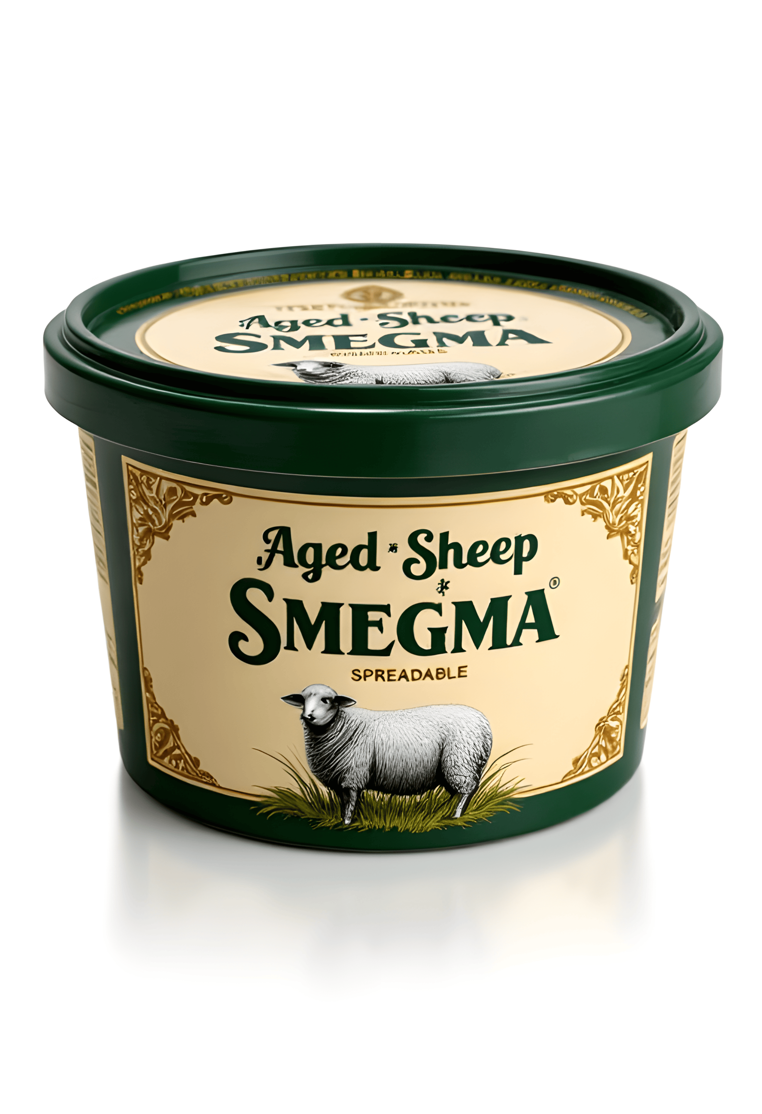 A professionally designed rectangular tub for a spreadable product, where the bold and humorous title "Aged Sheep Smegma - Spreadable" is the central focus. The container is a rich, creamy beige with rounded edges, offering a warm and inviting tone. Deep green accents on the lid and sides add a touch of sophistication, creating a contrast that highlights the text. The product name is prominently displayed in a striking, elegant serif font in dark charcoal or black, ensuring high visibility and drawing attention to the humorous title. Below the text, a vintage-style illustration of a sheep in a serene pastoral setting is featured, framed by intricate gold floral embellishments for added charm. The lid incorporates the product name embossed in gold lettering, paired with subtle patterns to reinforce the premium feel. 