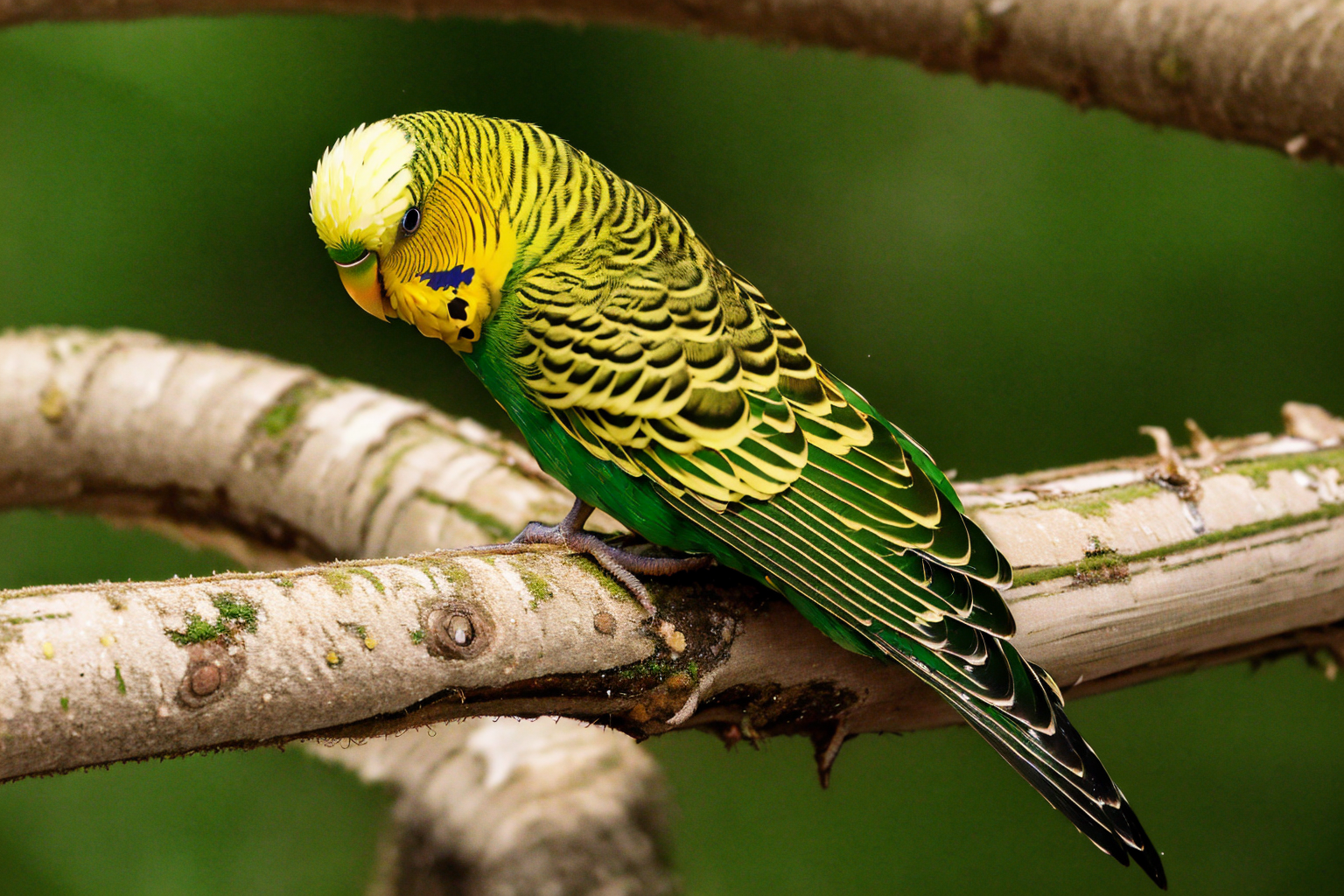 (masterpiece, best quality:1.2), ultra-detailed, (a green: and yellow parakeet:1.1) in the forest:1.2), (realistic:1.5), <lora:EdobBudgies_v1.0:1>